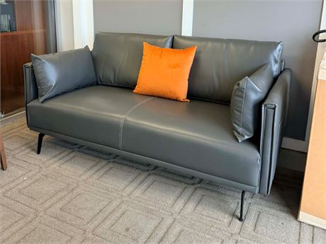 San Mateo 65" Round Arm Loveseat in Grey Faux Leather - Floor Model on KamloopsBids