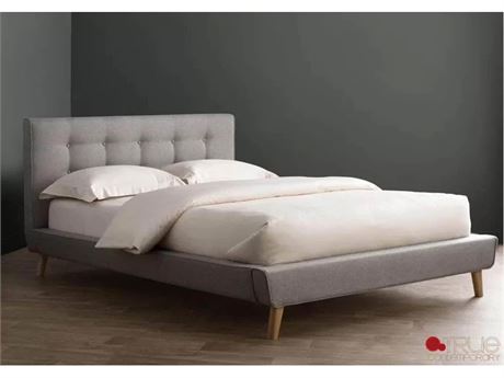 Drew Grey Tufted Linen Platform Bed - Full/Double Size on KamloopsBids
