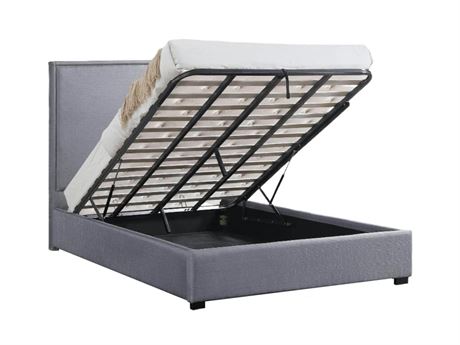 Byron Hydraulic Lift Up Storage Platform Bed in Grey Linen - KING SIZE on KamloopsBids